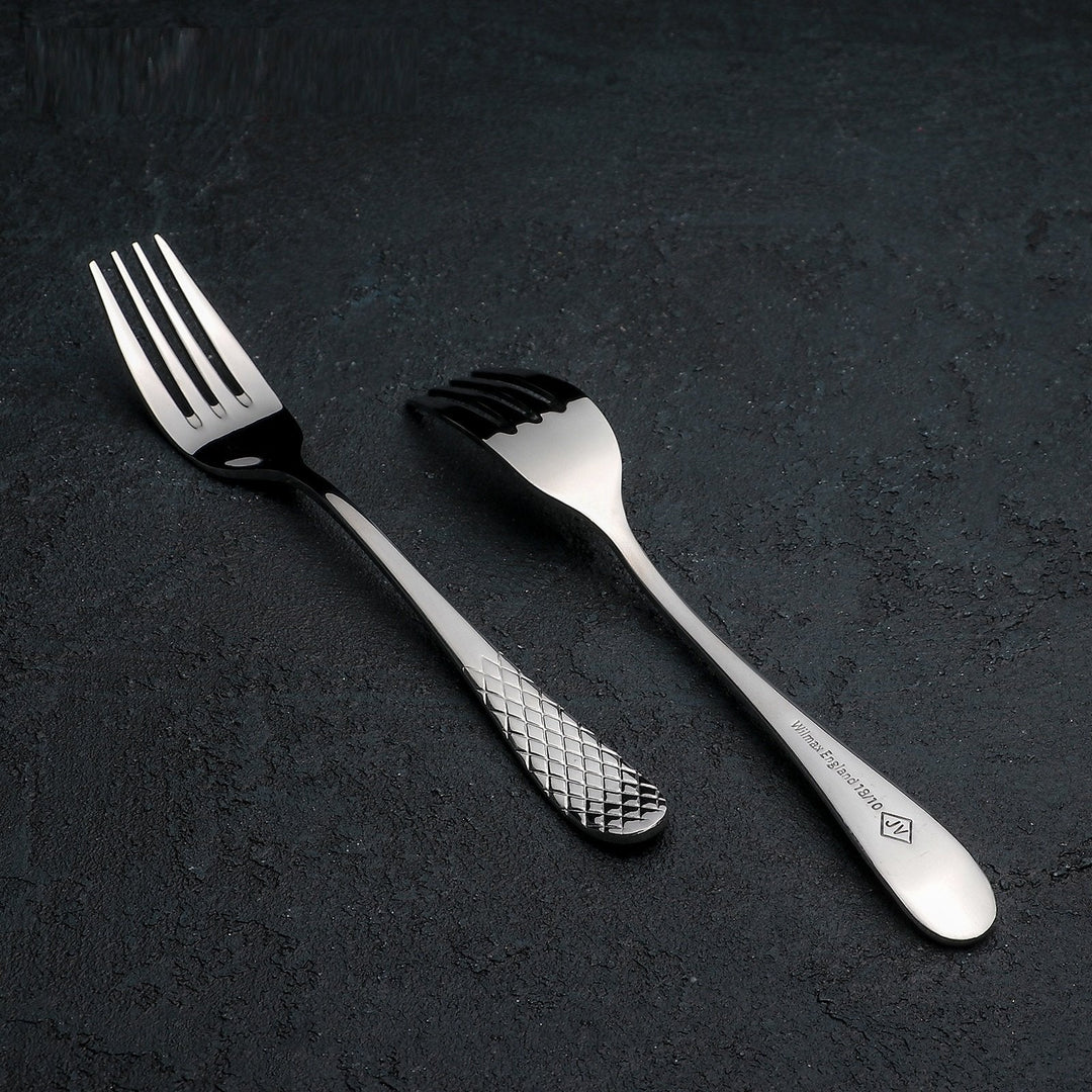 Stainless dinner fork with black grip, diamond pattern, and small logo on handle