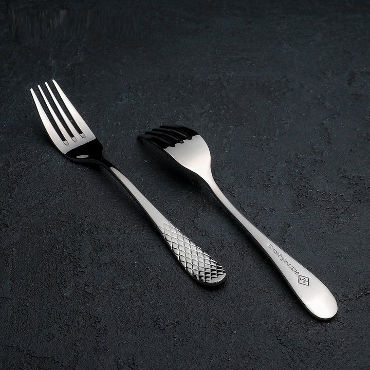 Stainless dinner fork with black grip, diamond pattern, and small logo on handle