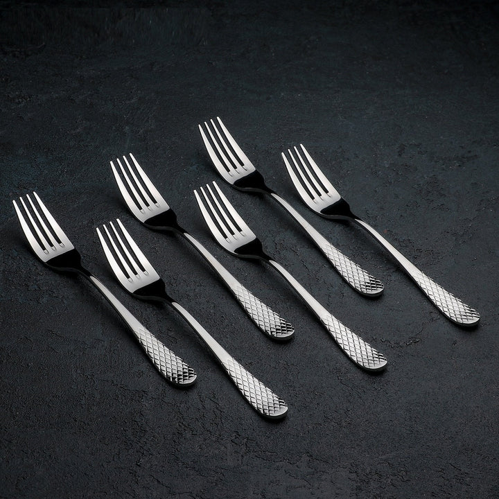 Dinner forks set of 12, stainless steel with black handles and textured grip