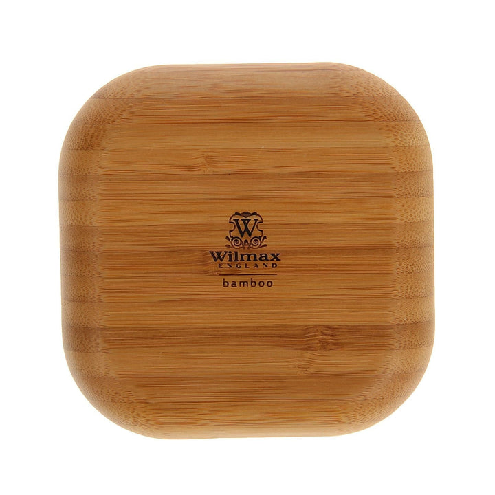 Square bamboo plate with Wilmax bamboo logo on center, natural wood color