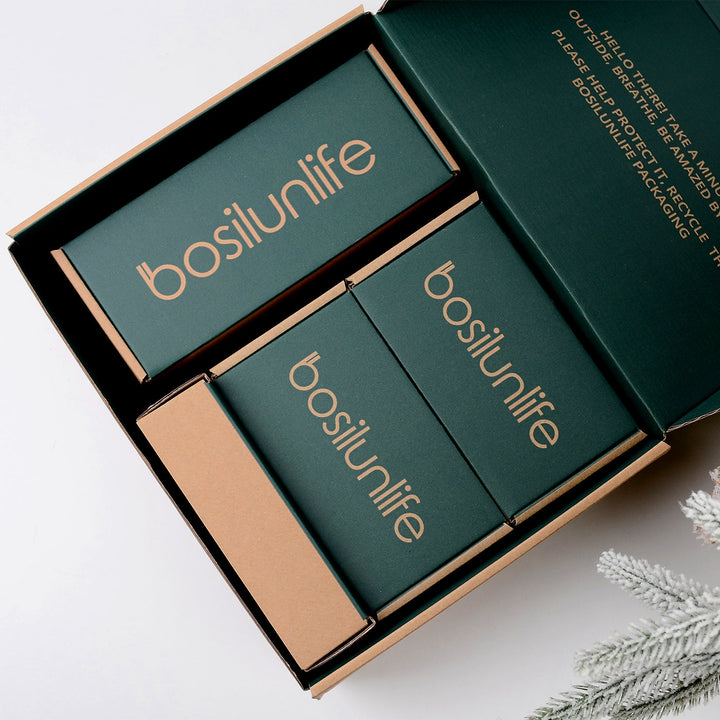 Bosilunlife soap dispenser gift set box with green and tan packaging inserts