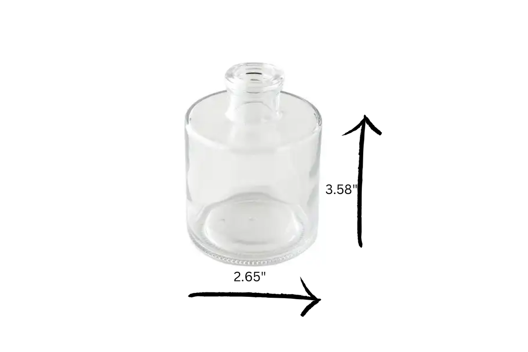 Clear glass reed diffuser bottle with height and width dimensions