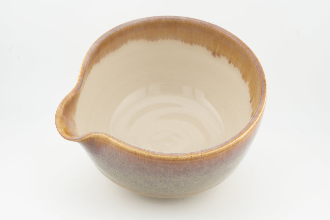 Ceramic bowl with optional spout, blue-gray glaze and cream interior