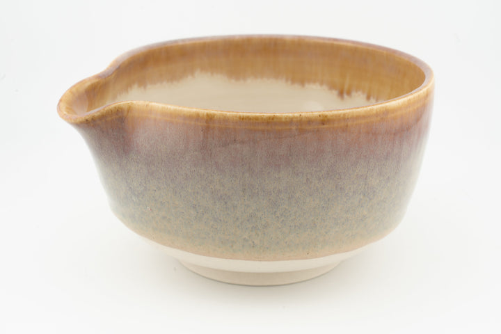 Ceramic bowl with optional spout, blue-gray glaze with tan rim