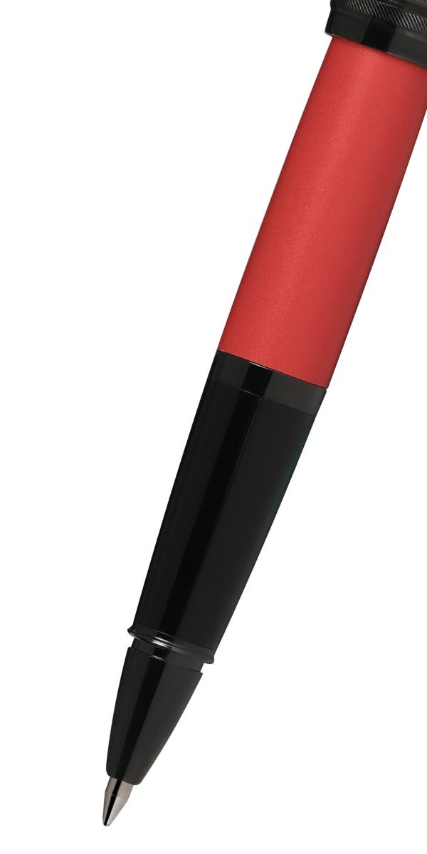 Matte red rollerball pen with black grip and pointed tip, close view
