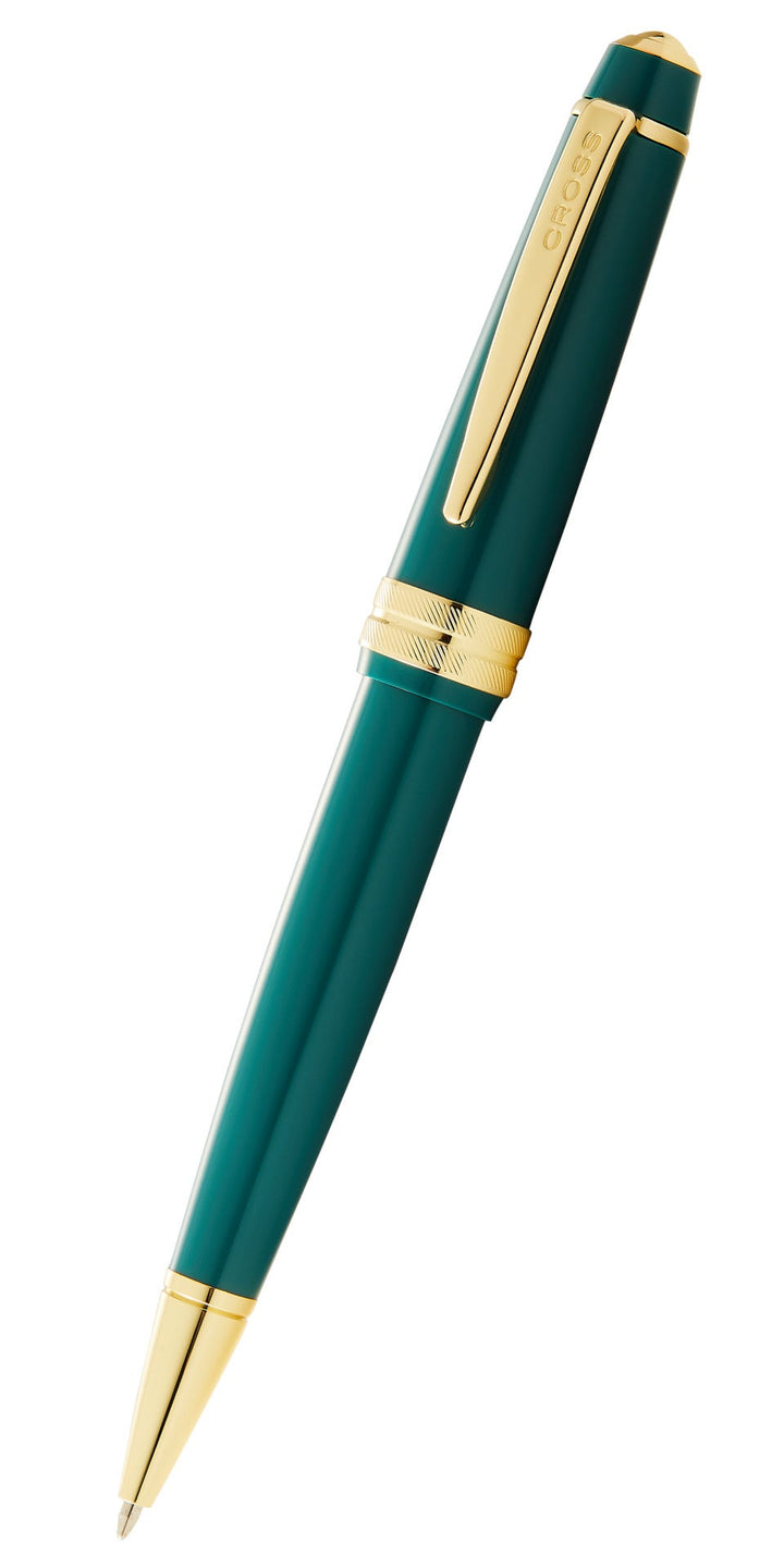 Green ballpoint pen with gold-tone clip and bands, polished resin barrel