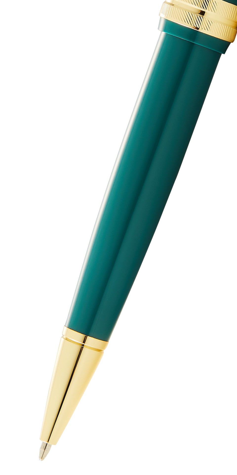 Green resin ballpoint pen with gold-tone tip and polished barrel