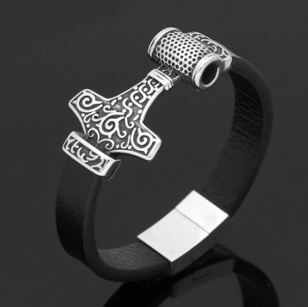 Black leather bracelet with silver-tone Mjolnir hammer pendant and mesh clasp end