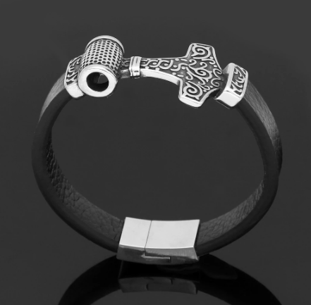 Black leather bracelet with silver-tone Mjolnir hammer charm and clasp, etched detail