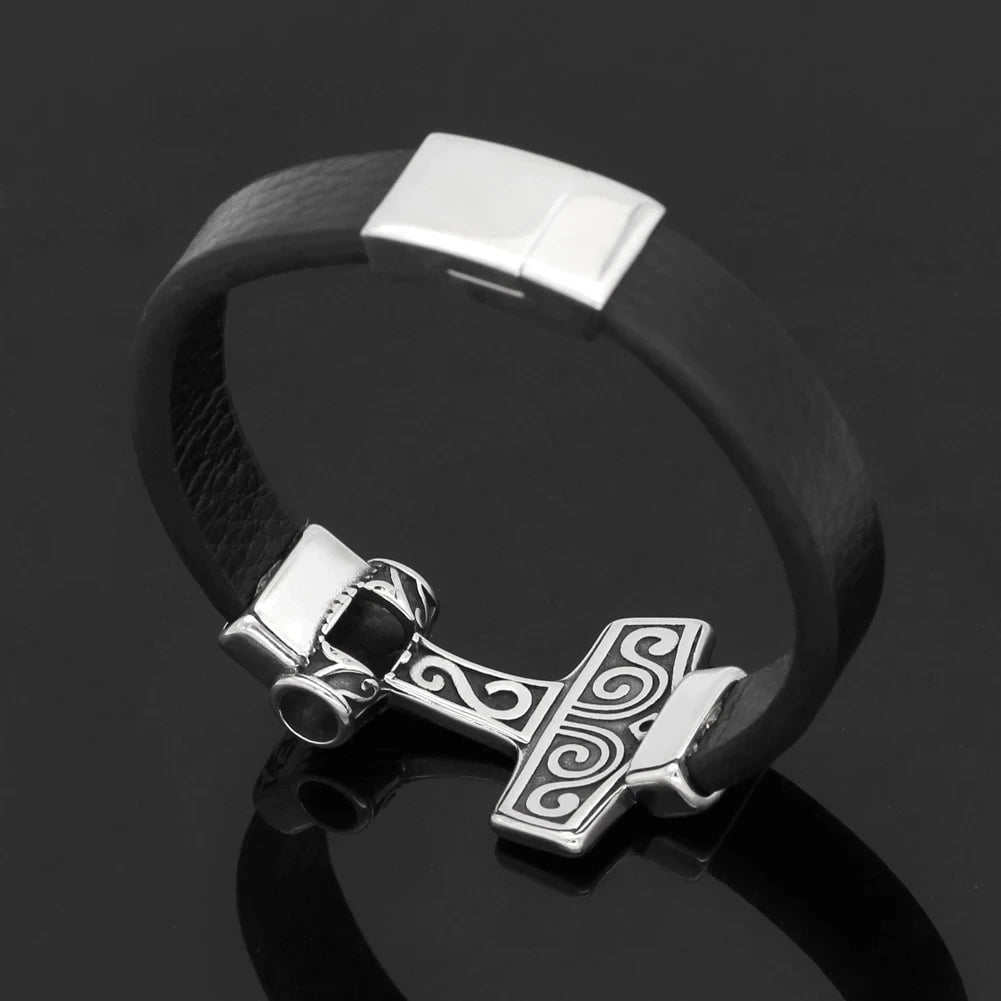 Black leather bracelet with stainless steel Mjolnir hammer clasp and engraved band