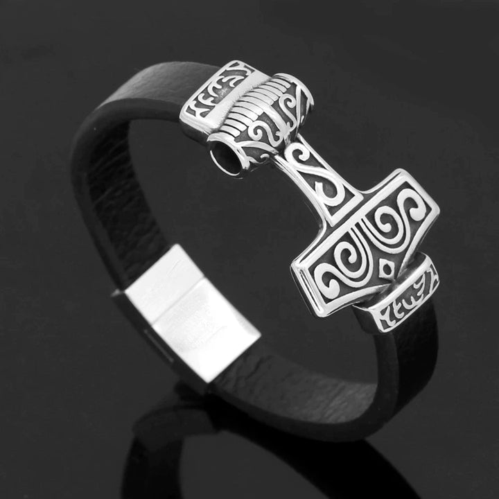 Black leather bracelet with engraved stainless steel Mjolnir hammer centerpiece