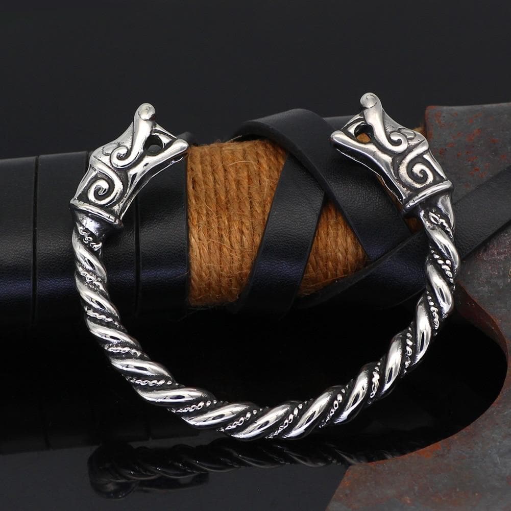 Stainless steel Viking dragon bracelet with rope-like links and ornate end caps