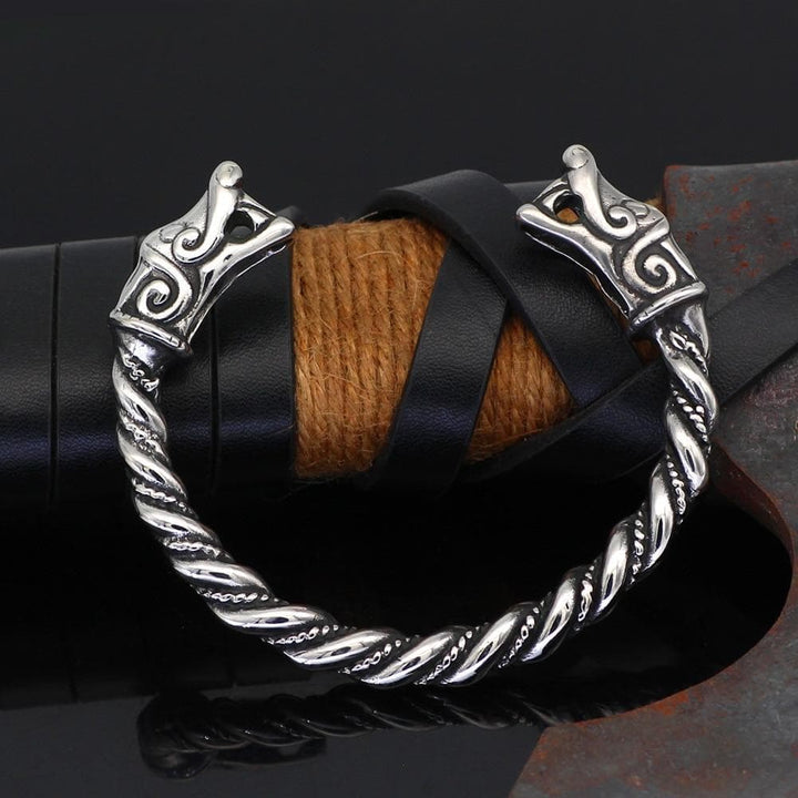 Stainless steel Viking dragon bracelet with rope-like links and ornate end caps