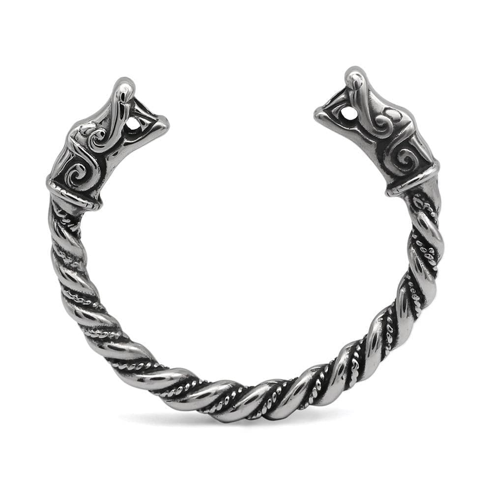 Silver stainless steel bracelet with braided links and dragon-head end details