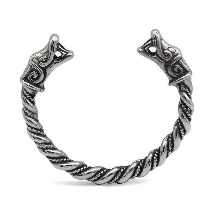 Silver stainless steel bracelet with braided links and dragon-head end details