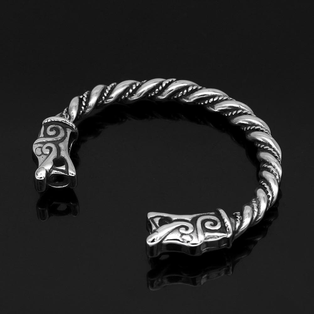 Stainless steel Viking dragon bracelet with twisted links and carved end charms