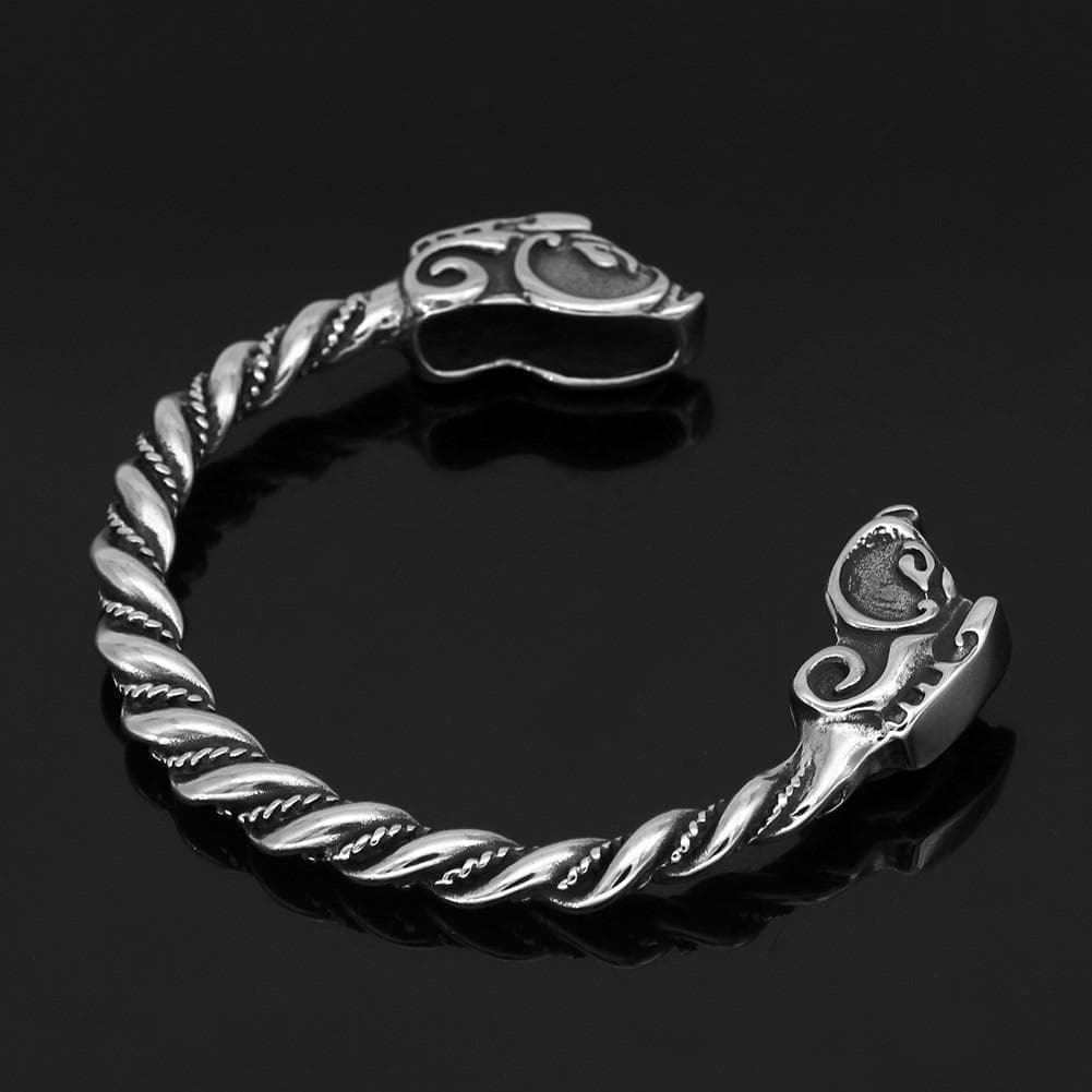 Stainless steel cuff bracelet with dragon head clasp and twisted rope links