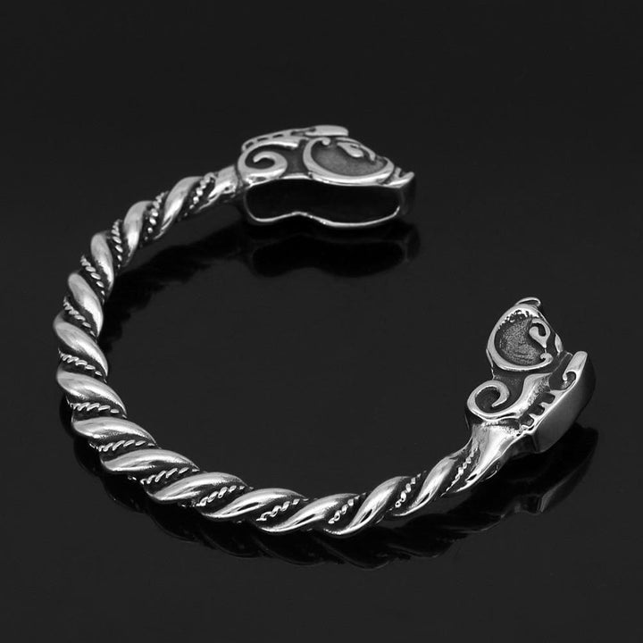 Stainless steel cuff bracelet with dragon head clasp and twisted rope links