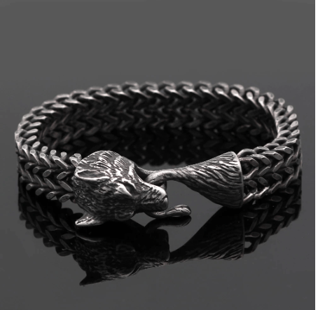 Stainless steel fox-head bracelet with braided chain links and sculpted fox head clasp