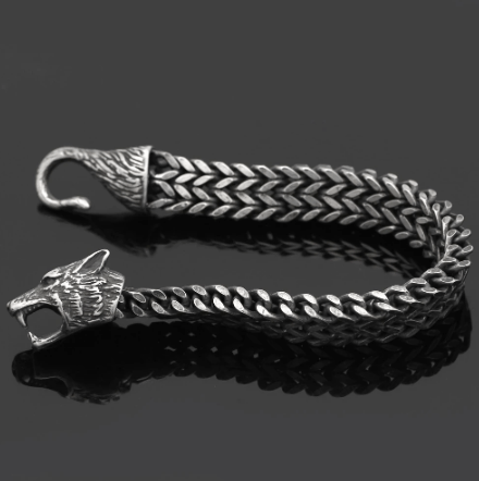 Stainless steel fox-head bracelet, open chain with hook end and braided link band