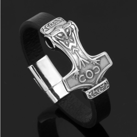 Black leather bracelet with silver Mjolnir hammer emblem, wide metal clasp