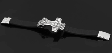 Black leather bracelet with silver-tone Mjolnir centerpiece and rectangular side clasps