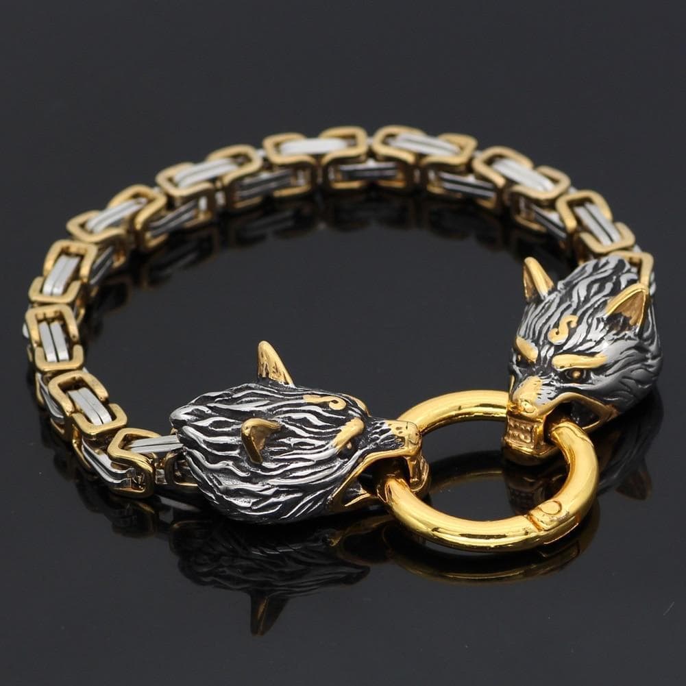 Wolf head charm bracelet with gold ring clasp on two-tone metal chain links