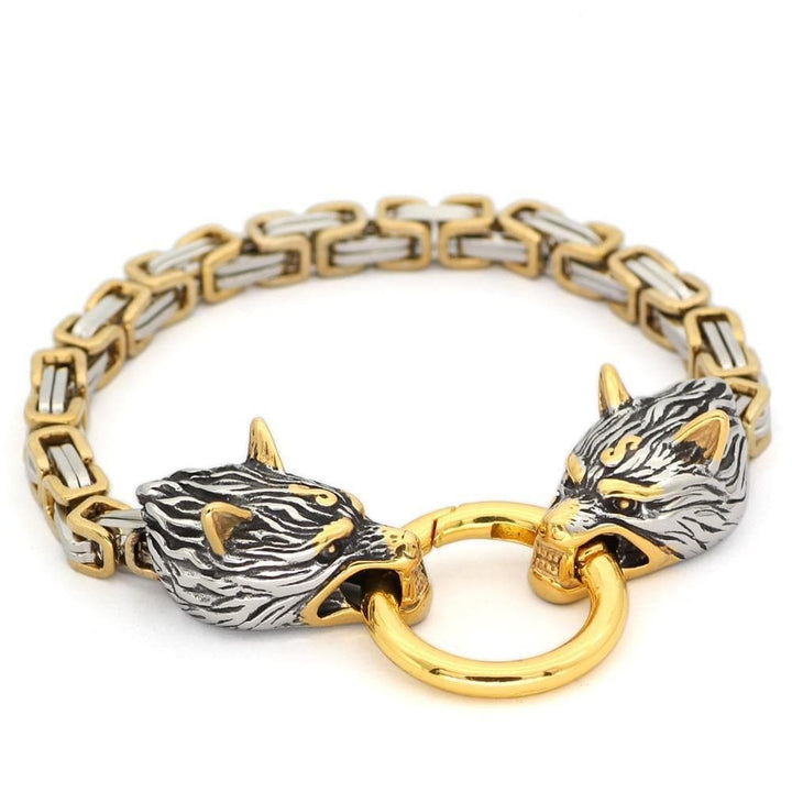 Two-tone chain bracelet with wolf head charms and gold ring clasp, stainless steel