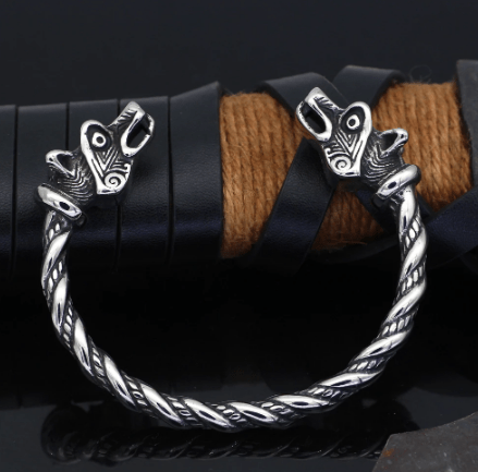 Stainless steel Fenrir wolf head bracelet with braided chain links and leather strap