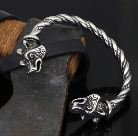 Fenrir wolf head metal ends on braided chain with dark leather band bracelet