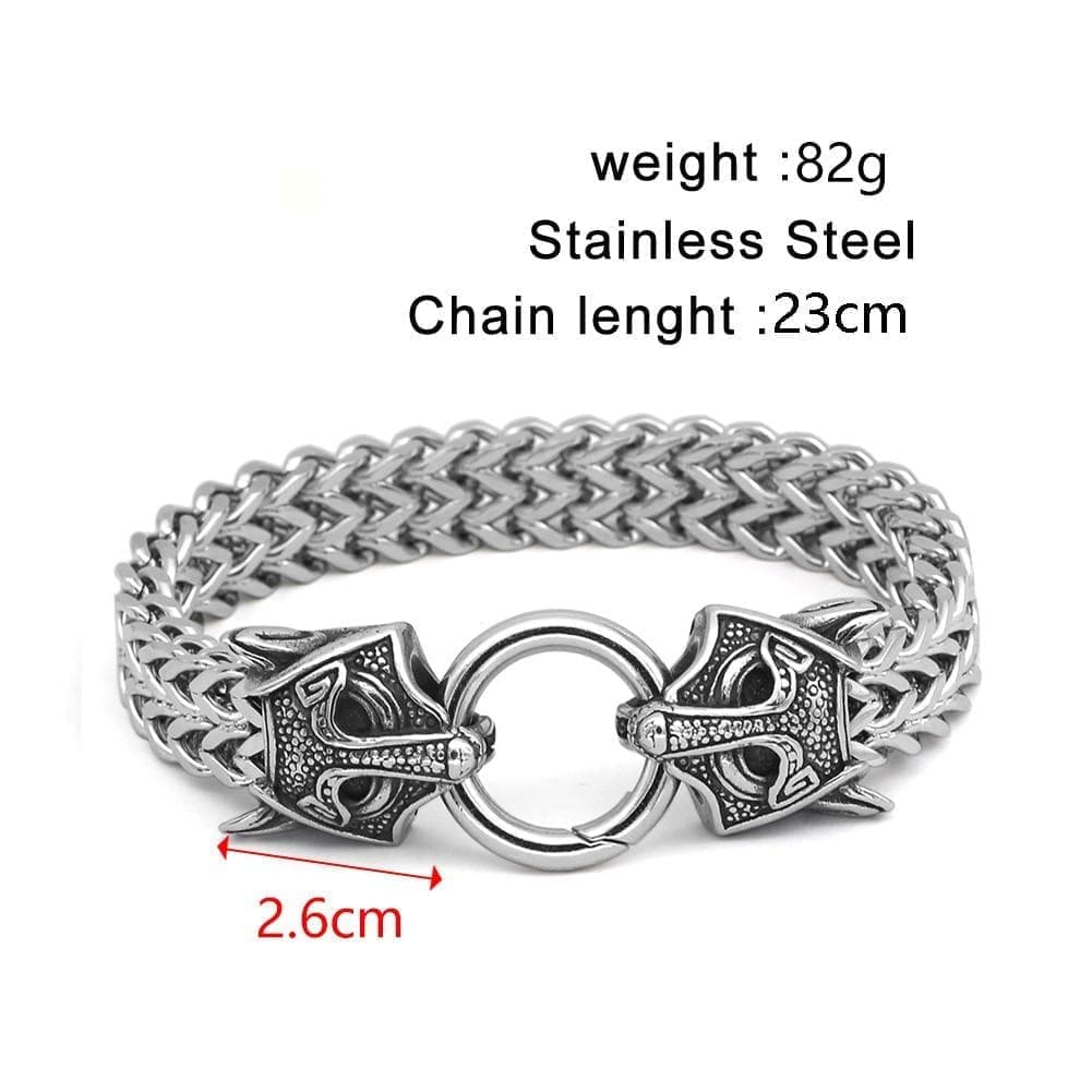 Stainless steel wolf-head charm chain bracelet with circular clasp ring and links
