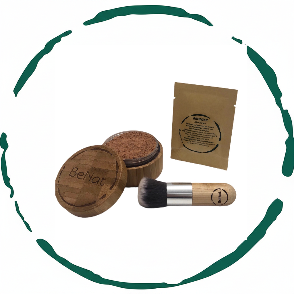 Loose bronzer powder set with round jar, sachet, and soft bristle makeup brush