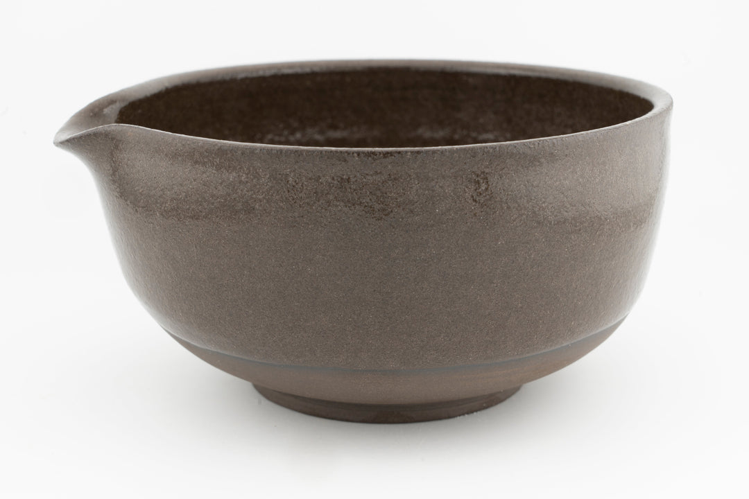 Glazed gray-brown matcha bowl with flared rim
