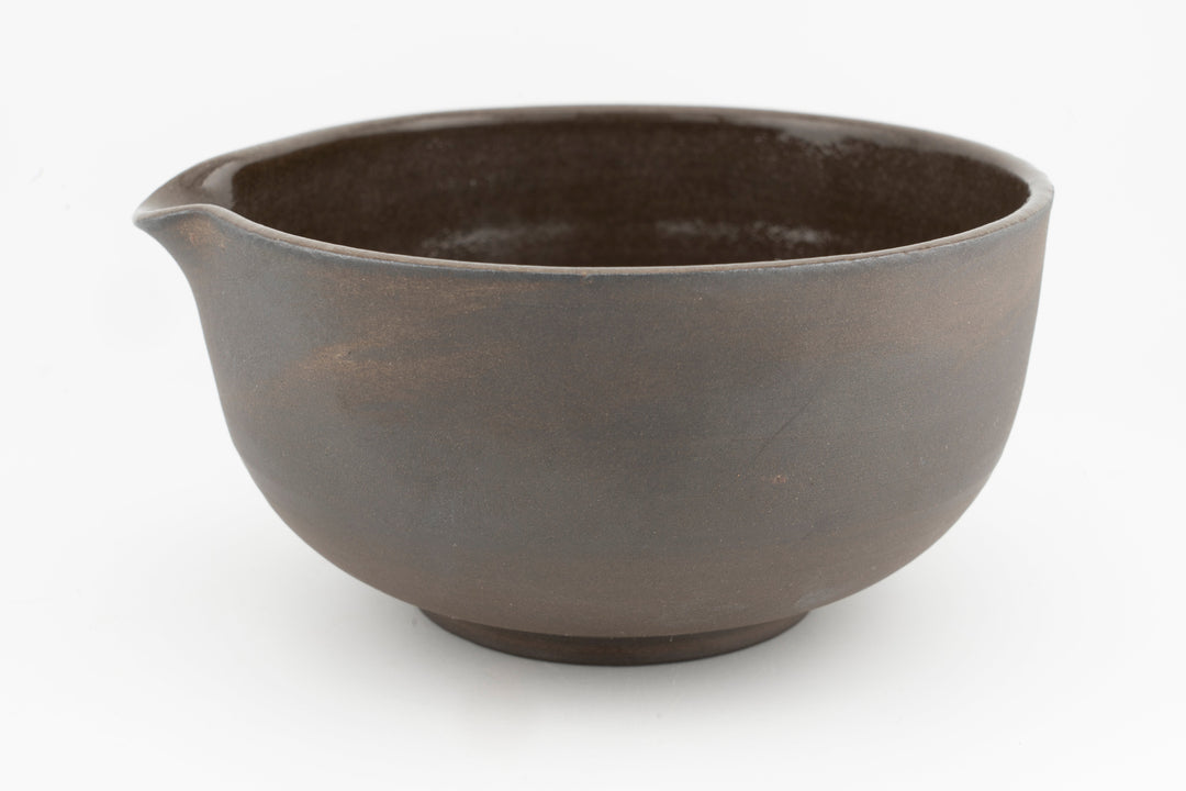 Brown stoneware matcha bowl with flared rim