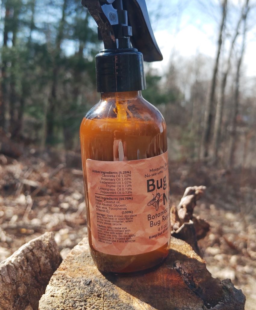 Bug Not plant-based insect repellent spray bottle, amber liquid with black pump sprayer