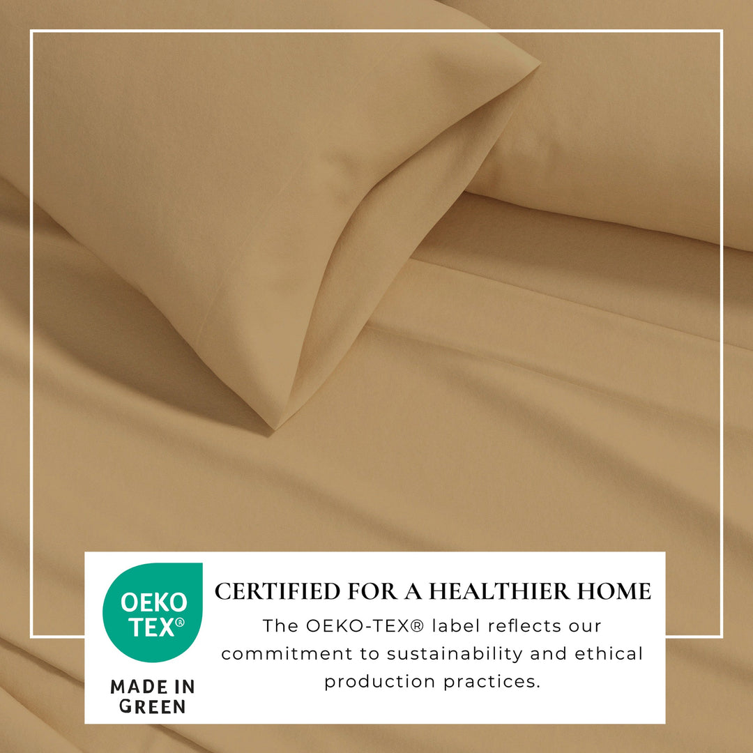 Camel cotton flannel sheet close-up with soft drape and Oeko-Tex seal area