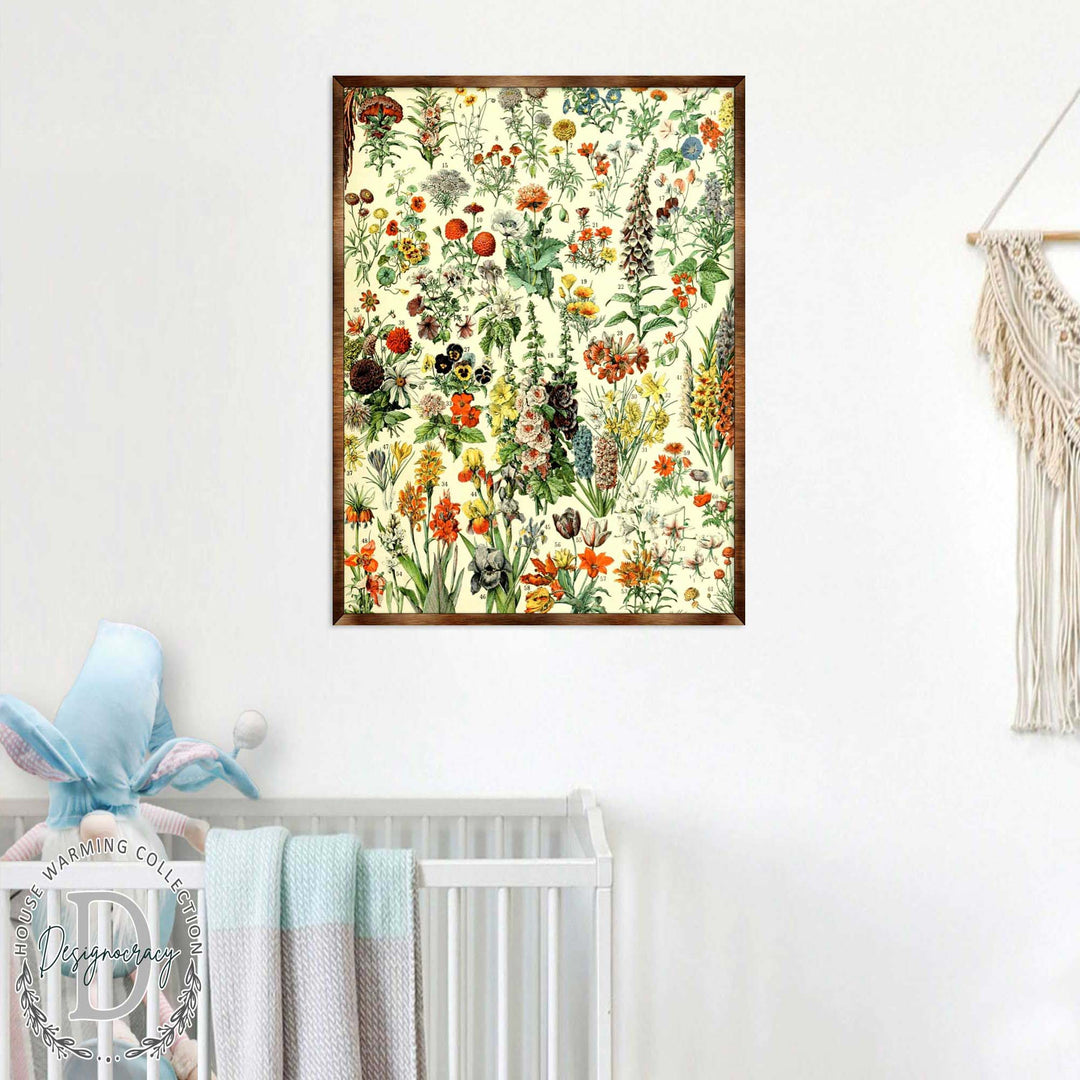 Floral educational poster with botanical illustrations and dark wooden frame