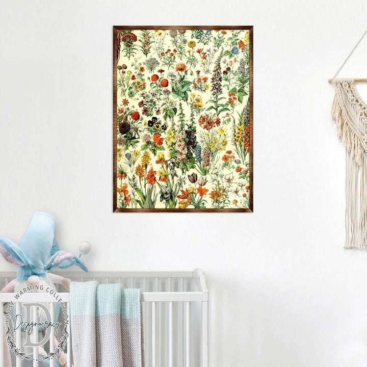 Floral educational poster with botanical illustrations and dark wooden frame