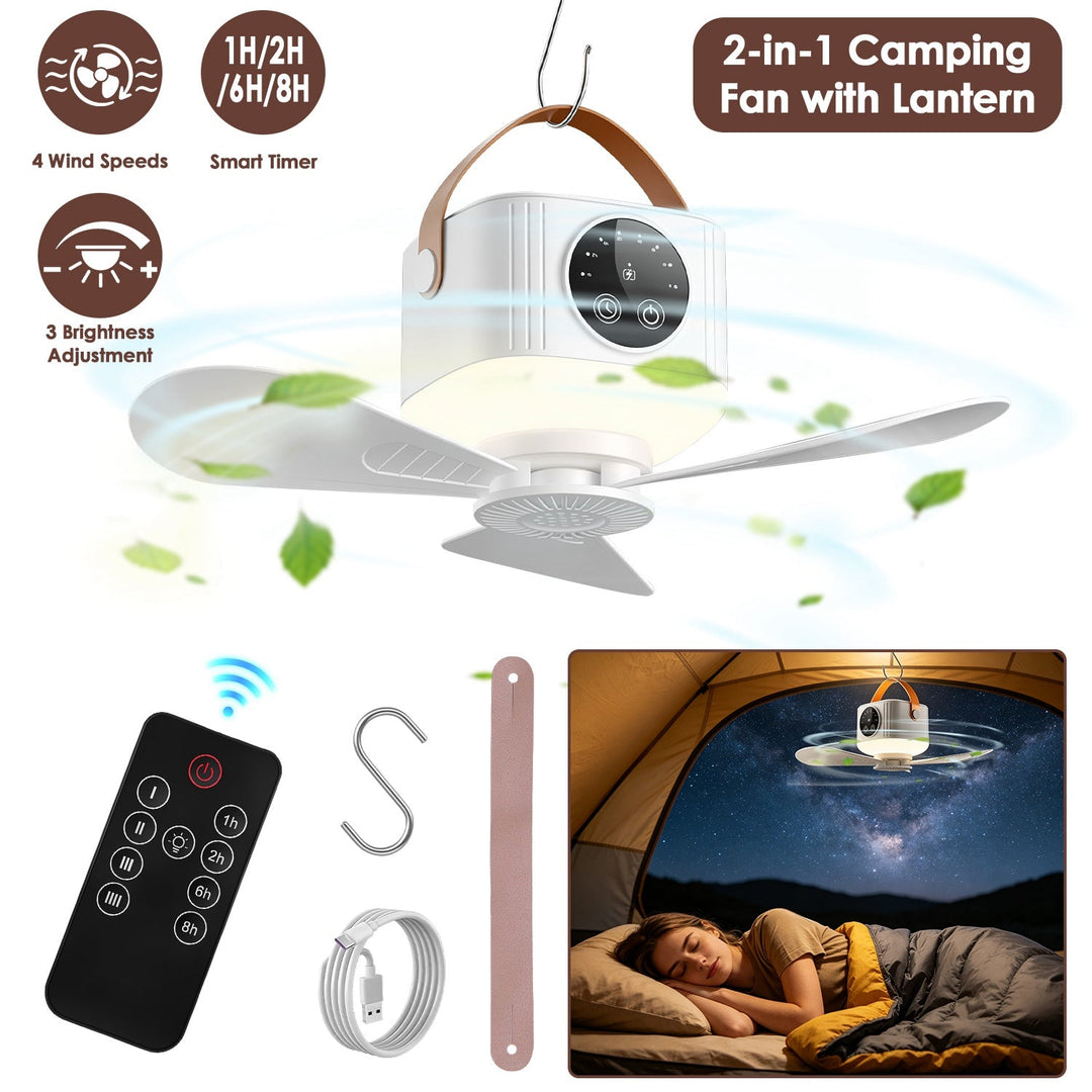 Hanging tent ceiling fan with LED lantern, white fan blades, remote, and charging cable