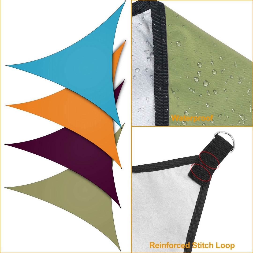 Triangular shade sail set in orange, blue, and purple with waterproof seam