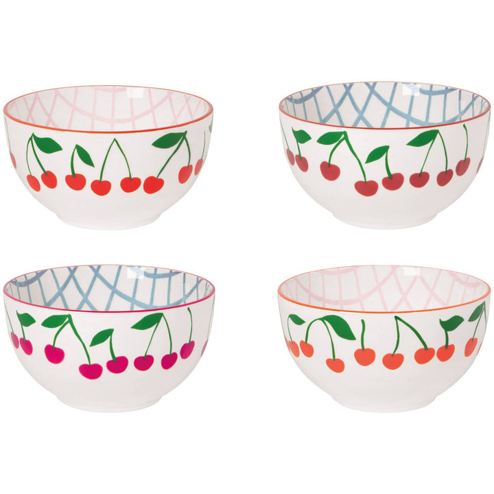 Cherry bowls set of four with striped cherry rims, pink and blue plaid designs