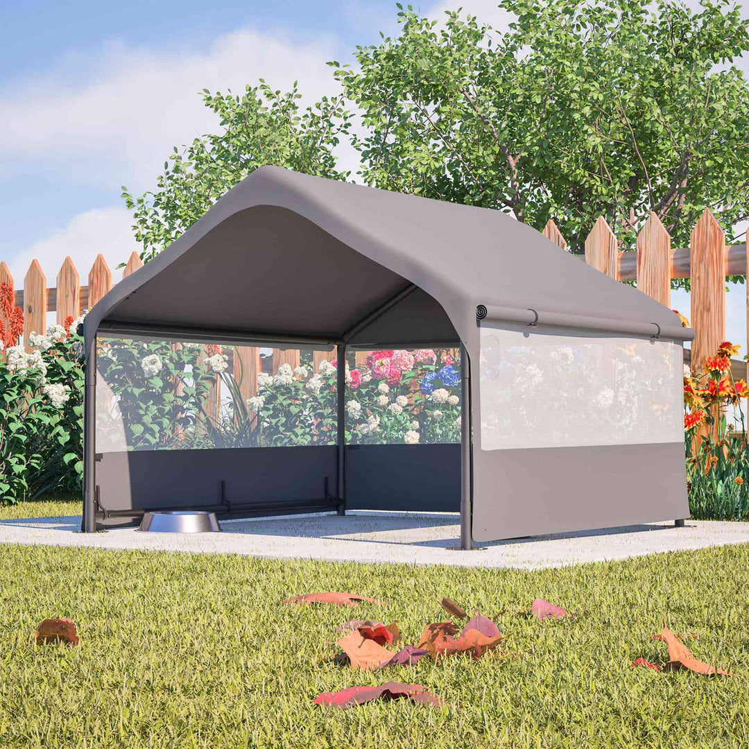 Gray outdoor dog house tent with mesh windows and side entry for pets