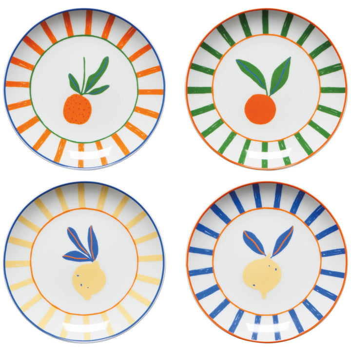 Set of four mini citrus-themed plates with orange, green leaf, and rabbit designs