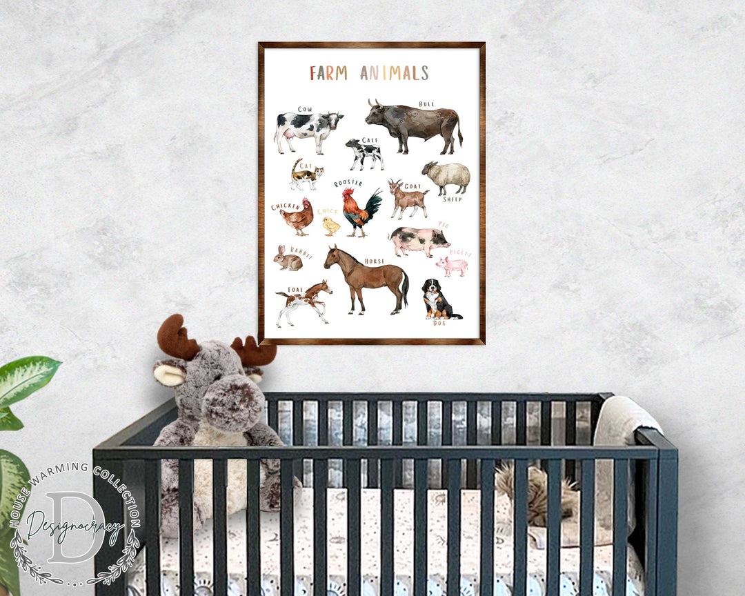 Framed farm animals wooden poster with cow, bull, rooster, pig, horse, and dog illustrations