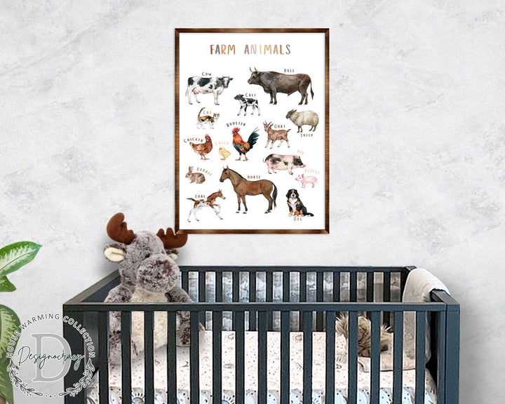 Framed farm animals wooden poster with cow, bull, rooster, pig, horse, and dog illustrations