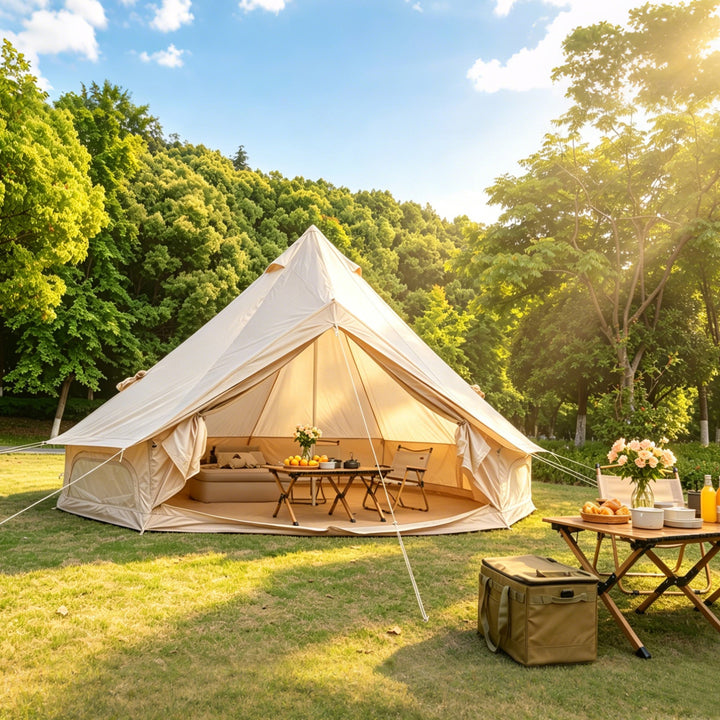 Beige bell tent with open side panels and outdoor dining table on grass