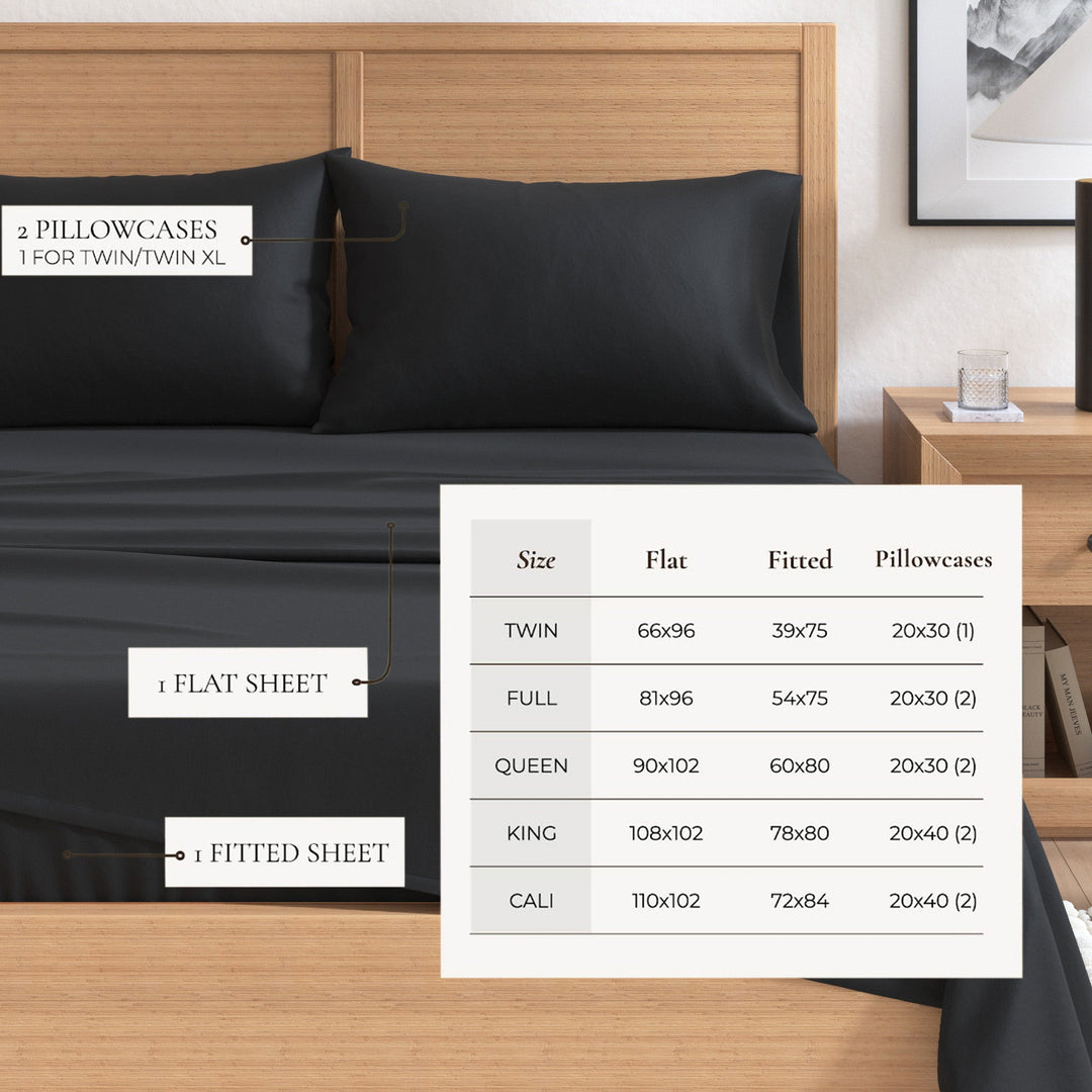 Cotton flannel sheet set size chart showing flat, fitted, and pillowcase options
