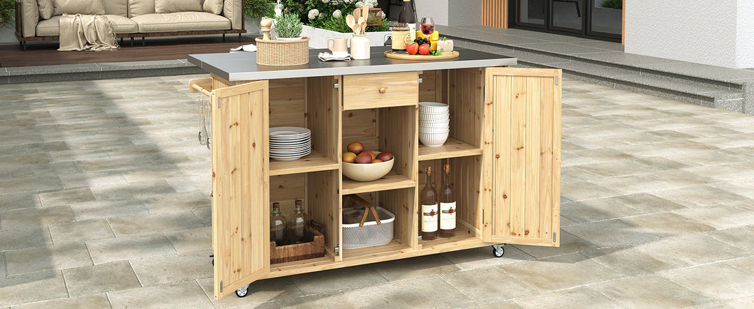 Fir Wood Kitchen Island with Stainless Steel Top