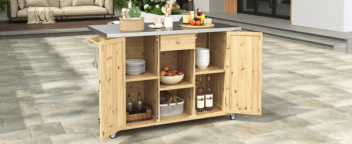 Fir Wood Kitchen Island with Stainless Steel Top
