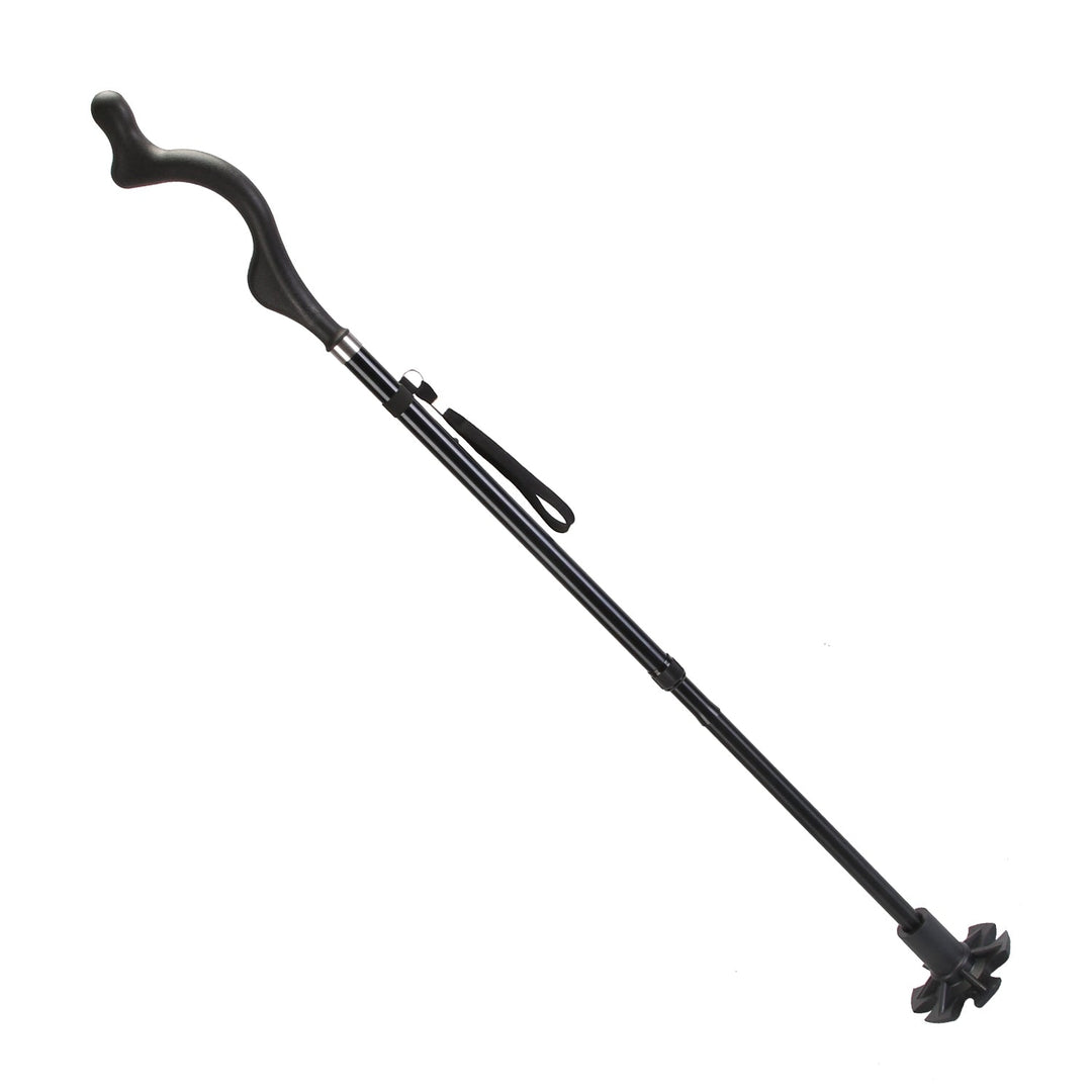 Black walking cane angled view with curved handle, segmented shaft, and rubber base tip